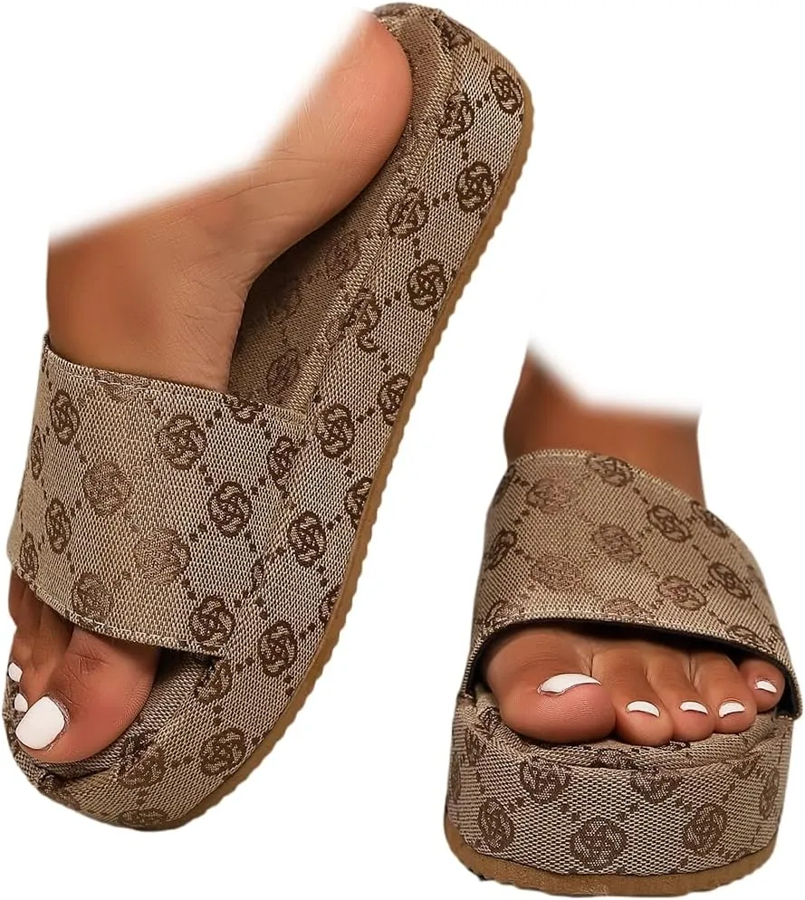 Women's Canvas Platform Slides Sandals Comfortable Open Toe Summer Beach Sandals Casual Walking Slippers