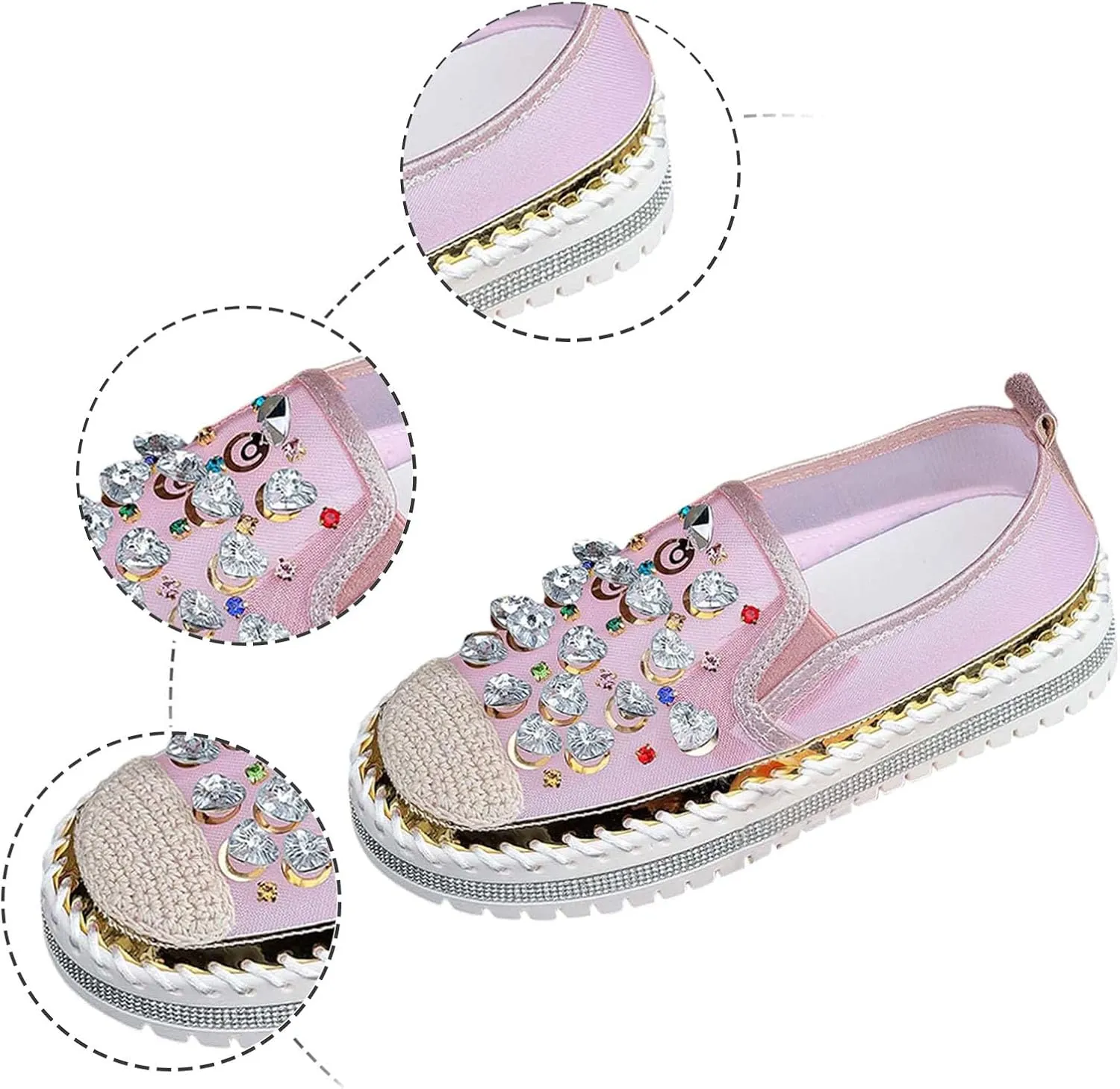 Women's Casual Slip On Loafers Fashion Breathable Mesh Platform Shoes with Rhinestone Decorations for Spring