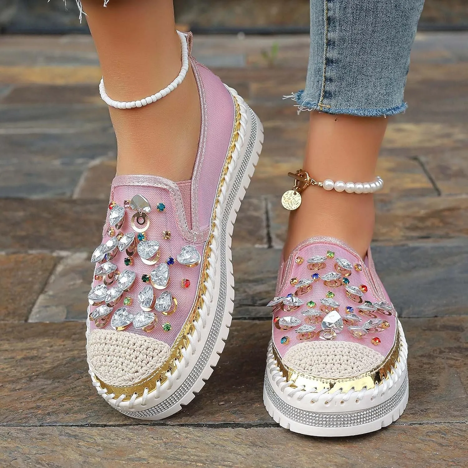 Women's Casual Slip On Loafers Fashion Breathable Mesh Platform Shoes with Rhinestone Decorations for Spring
