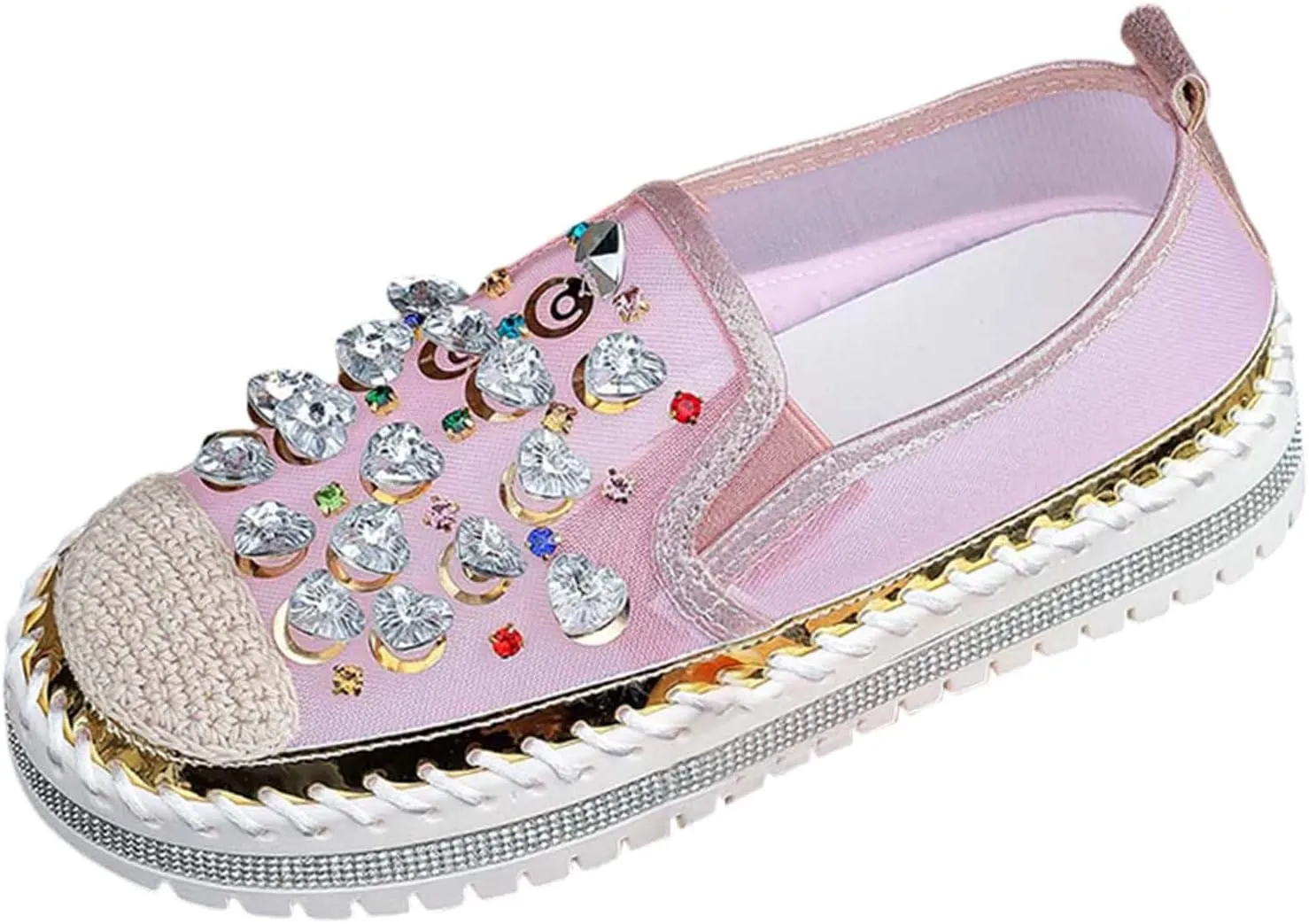 Women's Casual Slip On Loafers Fashion Breathable Mesh Platform Shoes with Rhinestone Decorations for Spring