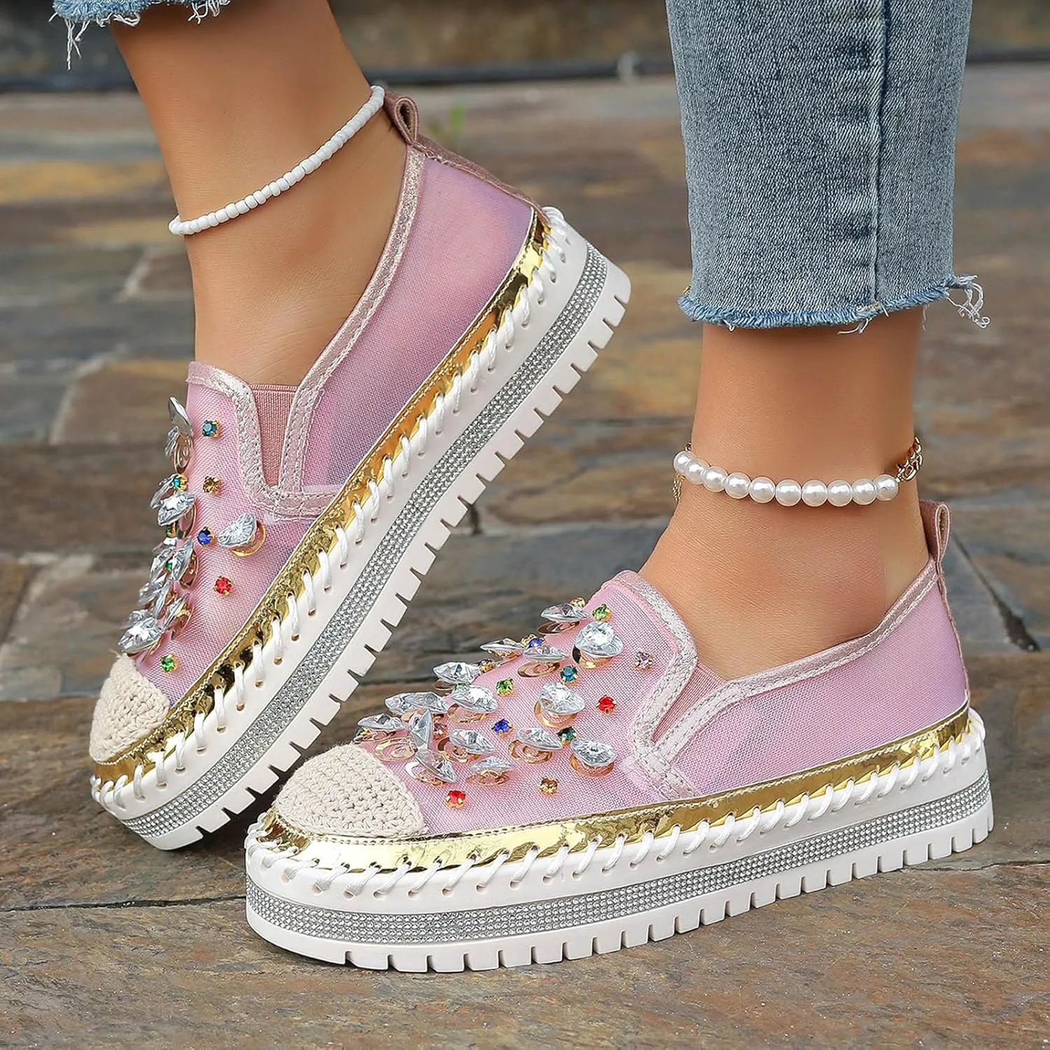 Women's Casual Slip On Loafers Fashion Breathable Mesh Platform Shoes with Rhinestone Decorations for Spring