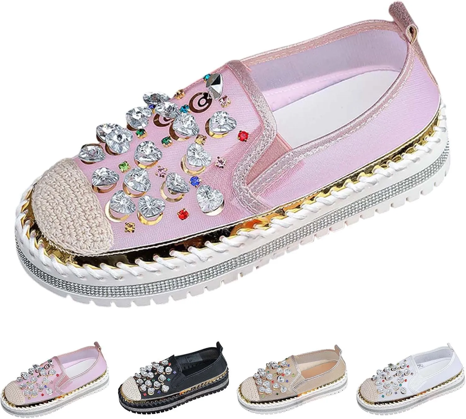 Women's Casual Slip On Loafers Fashion Breathable Mesh Platform Shoes with Rhinestone Decorations for Spring