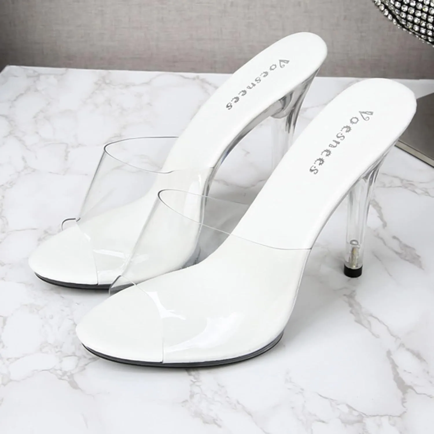 Women's Clear Heel Sandals Peep Toe with Transparent Strap Slip On Stiletto Heels Slides Orthopedic Comfy Cushioned Sandal Ladies Mid Heeled Sexy Dress Shoes for Evening Cocktail Wedding Bridal