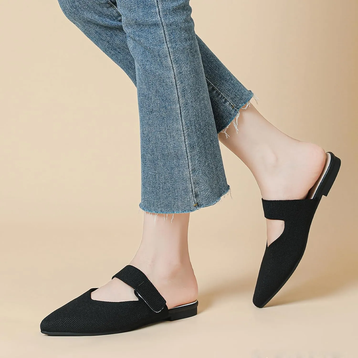 Women's Closed Pointed Toe Knitted Flat Mules Adjustable Hook and Loop Closure Slip On Backless Mule Slides Comfortable Casual Soft Sole Loafers