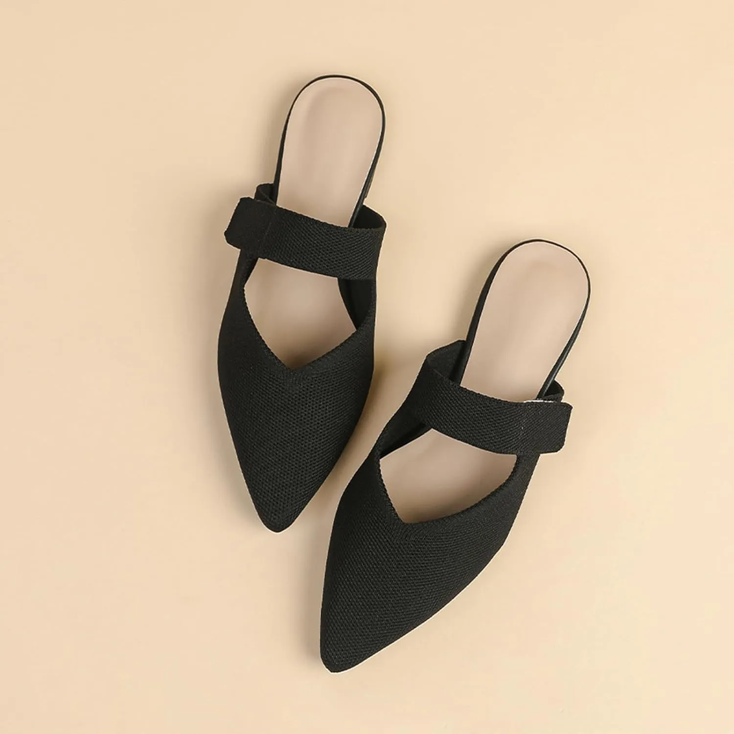 Women's Closed Pointed Toe Knitted Flat Mules Adjustable Hook and Loop Closure Slip On Backless Mule Slides Comfortable Casual Soft Sole Loafers