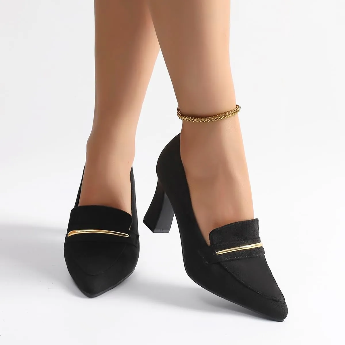 Womens Closed Pointed Toe Suede Loafer Pumps Low Block Heeled Slip On Loafers for Women Work Office Business Comfortable Chunky Heels Shoes 2.95 Inch