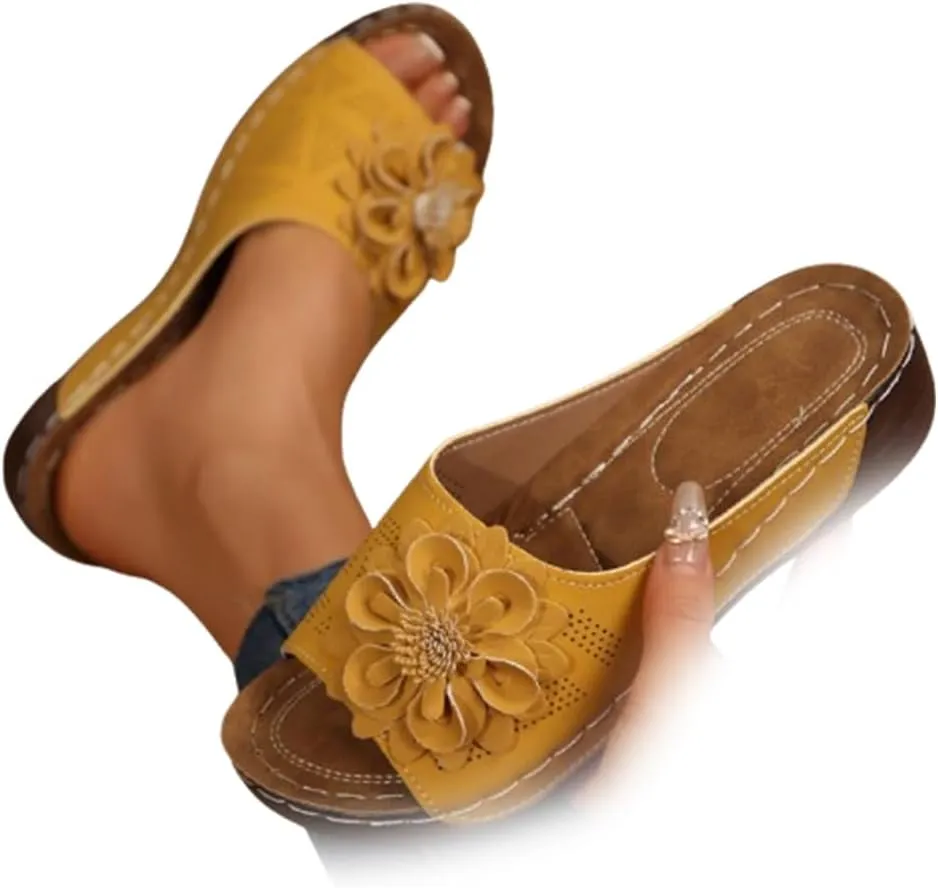 Womens Comfort Wedge Slide Sandals Open-Toe Low Heel Non-Slip Black, Casual Slip Arch Support Orthopedic Slides
