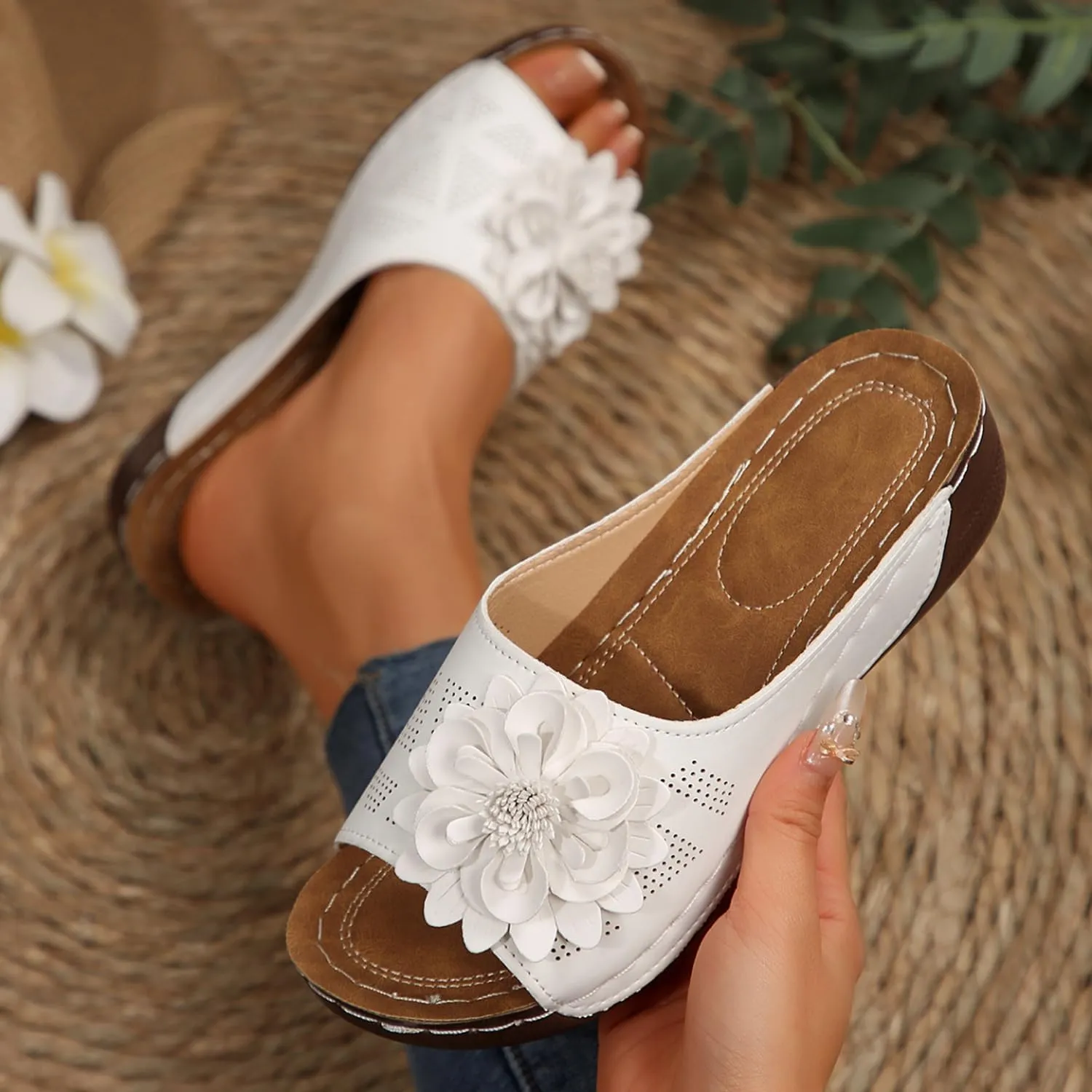 Womens Comfort Wedge Slide Sandals Open-Toe Low Heel Non-Slip Black, Casual Slip Arch Support Orthopedic Slides
