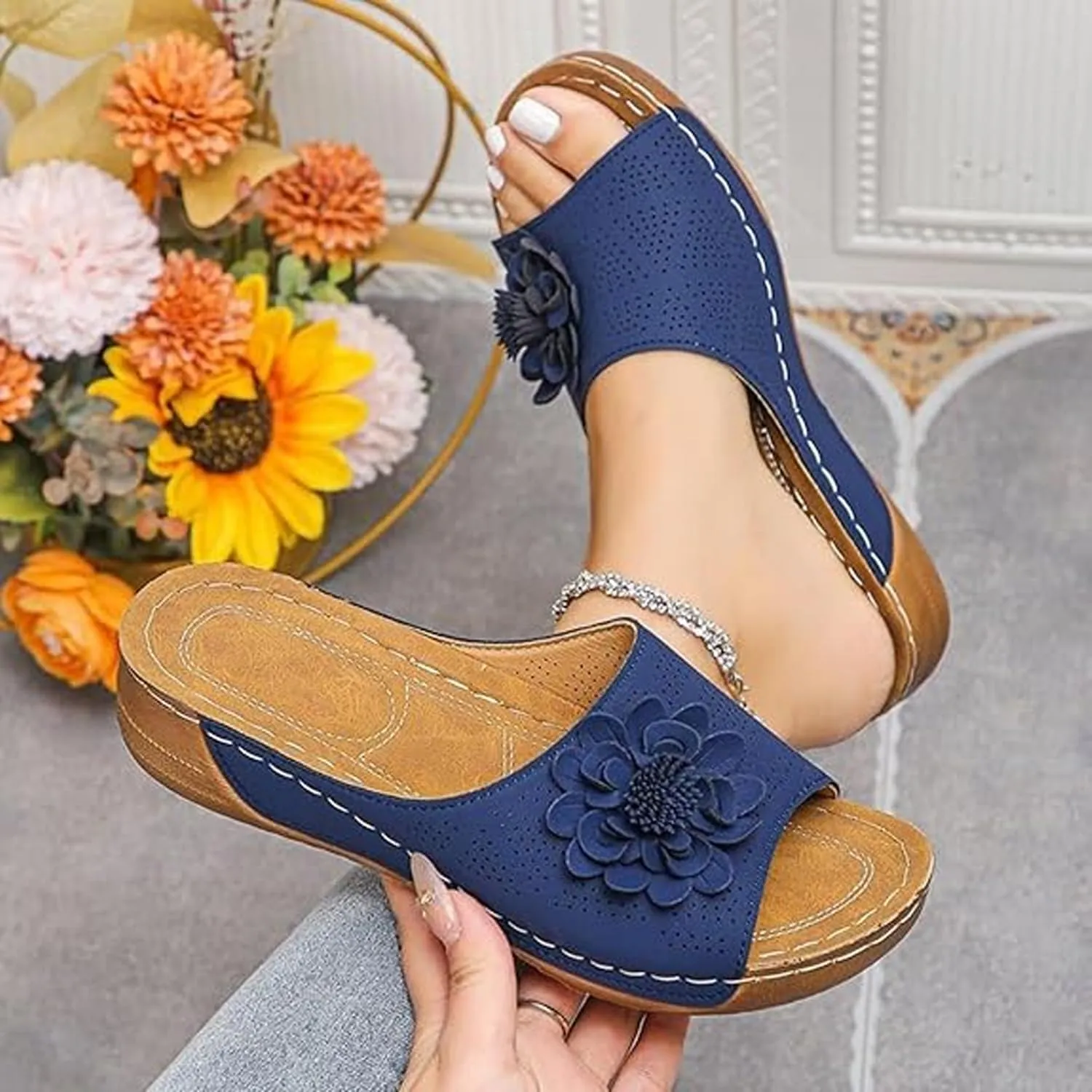Womens Comfort Wedge Slide Sandals Open-Toe Low Heel Non-Slip Black, Casual Slip Arch Support Orthopedic Slides