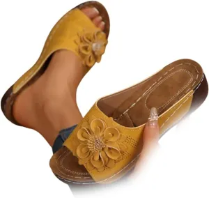 Womens Comfort Wedge Slide Sandals Open-Toe Low Heel Non-Slip Black, Casual Slip Arch Support Orthopedic Slides