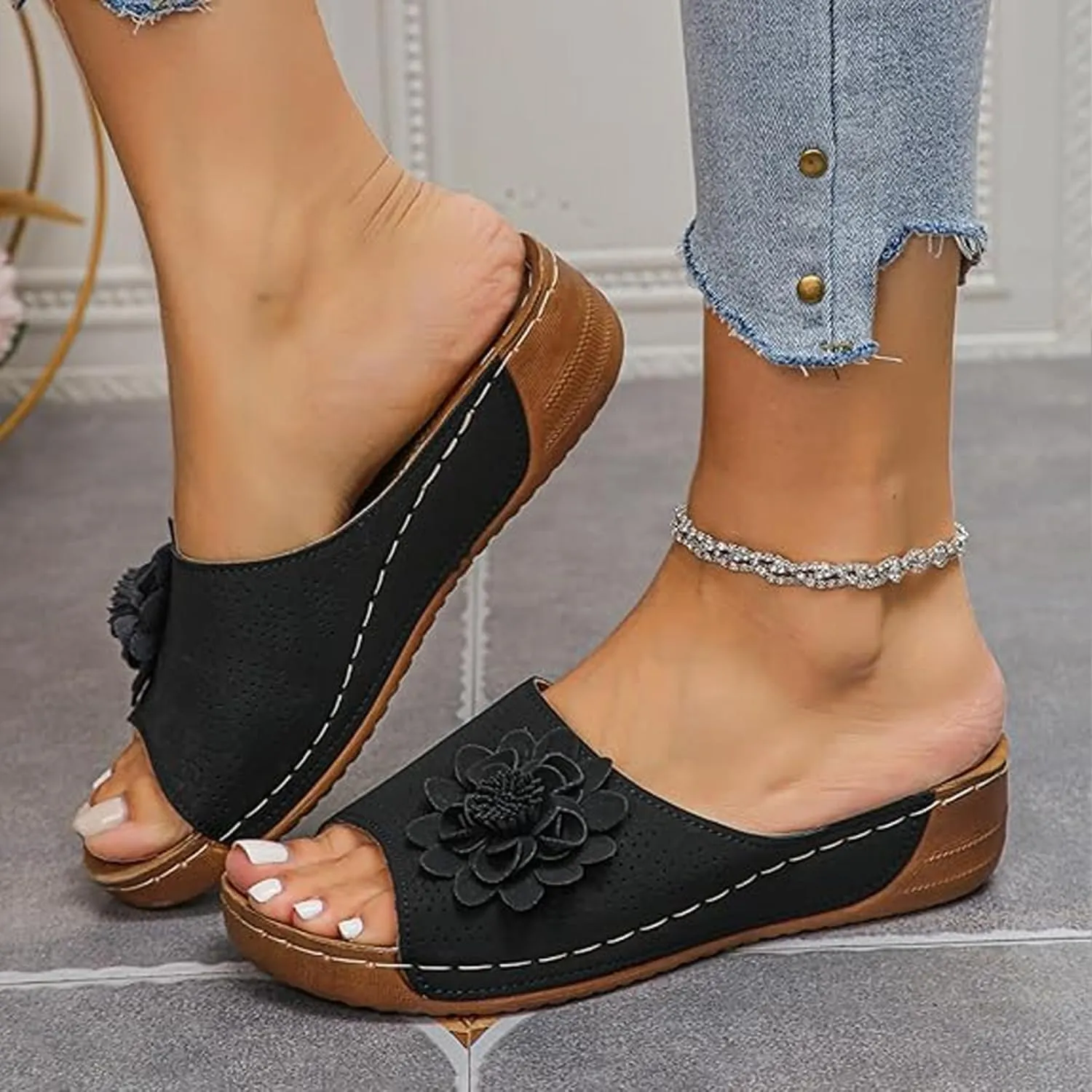 Womens Comfort Wedge Slide Sandals Open-Toe Low Heel Non-Slip Black, Casual Slip Arch Support Orthopedic Slides