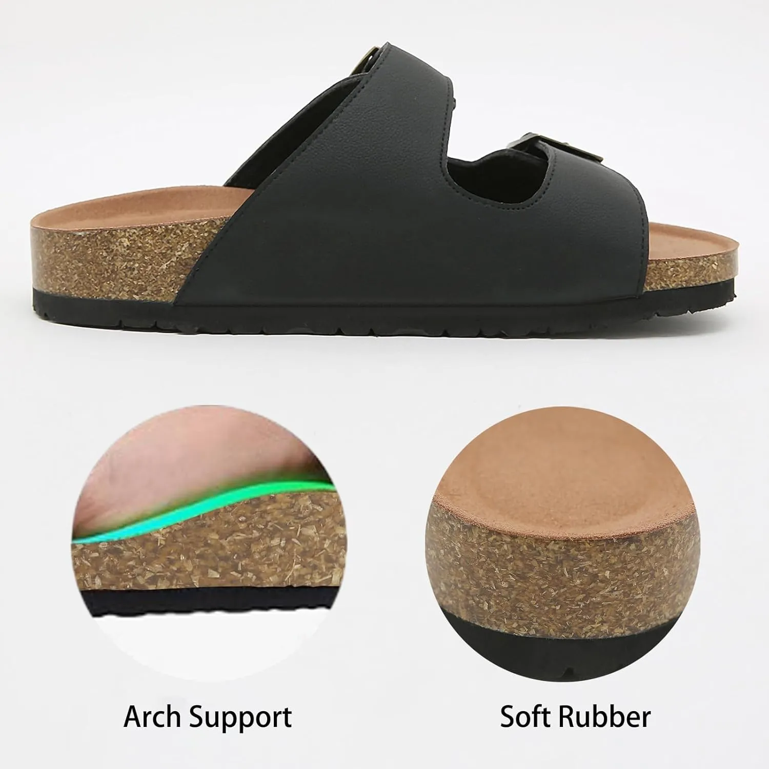 Womens Cork Footbed Slide Sandals, Open Toe Slides Sandals Adjustable Buckle Summer Beach Sandals with Arch Support