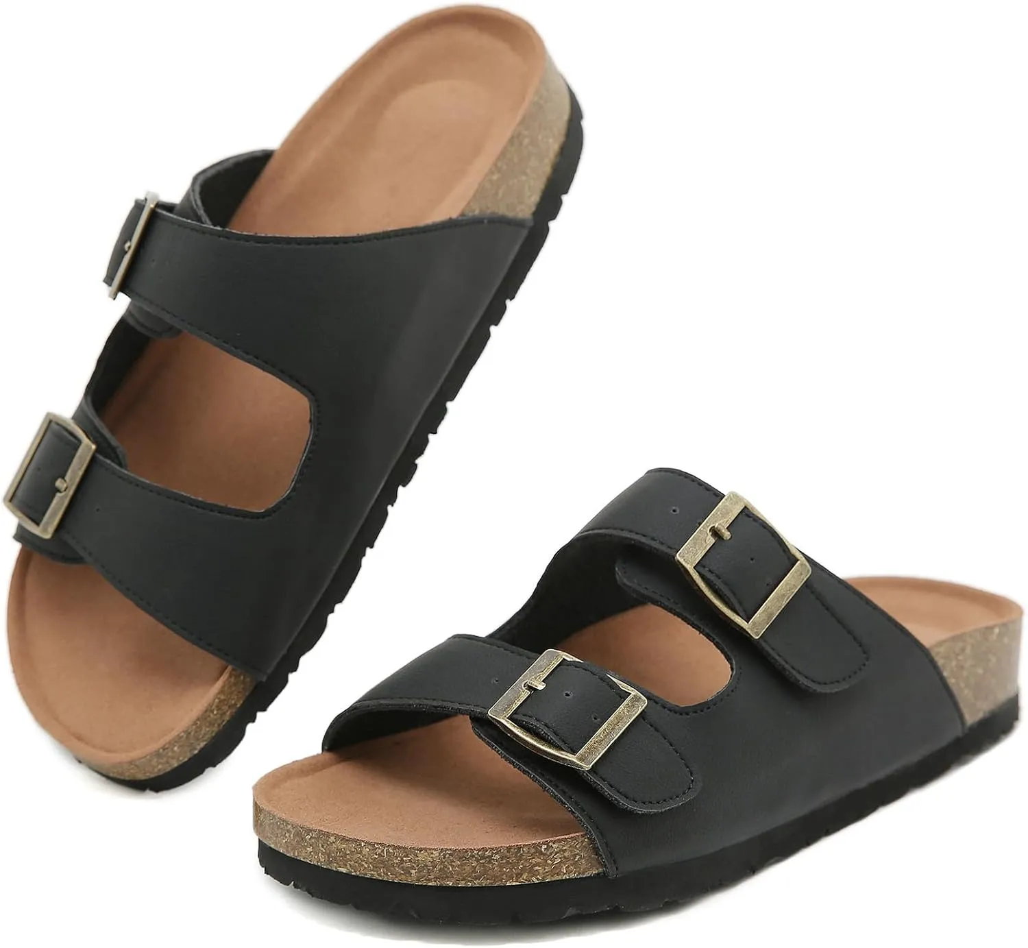 Womens Cork Footbed Slide Sandals, Open Toe Slides Sandals Adjustable Buckle Summer Beach Sandals with Arch Support