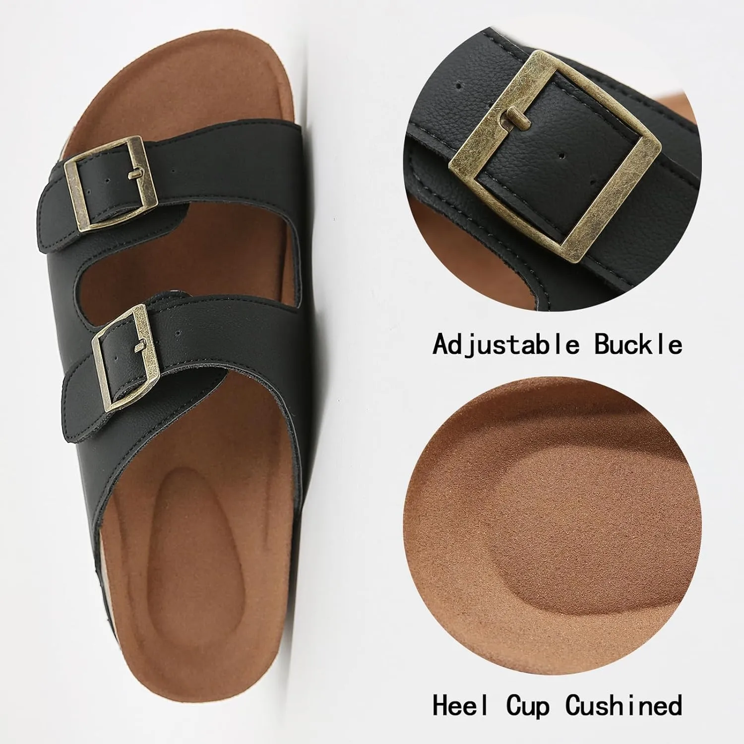 Womens Cork Footbed Slide Sandals, Open Toe Slides Sandals Adjustable Buckle Summer Beach Sandals with Arch Support