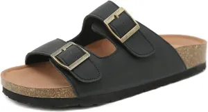 Womens Cork Footbed Slide Sandals, Open Toe Slides Sandals Adjustable Buckle Summer Beach Sandals with Arch Support