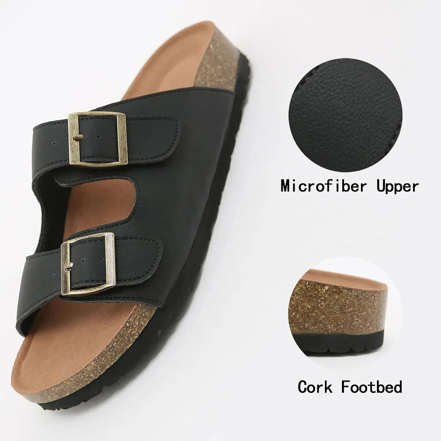 Womens Cork Footbed Slide Sandals, Open Toe Slides Sandals Adjustable Buckle Summer Beach Sandals with Arch Support