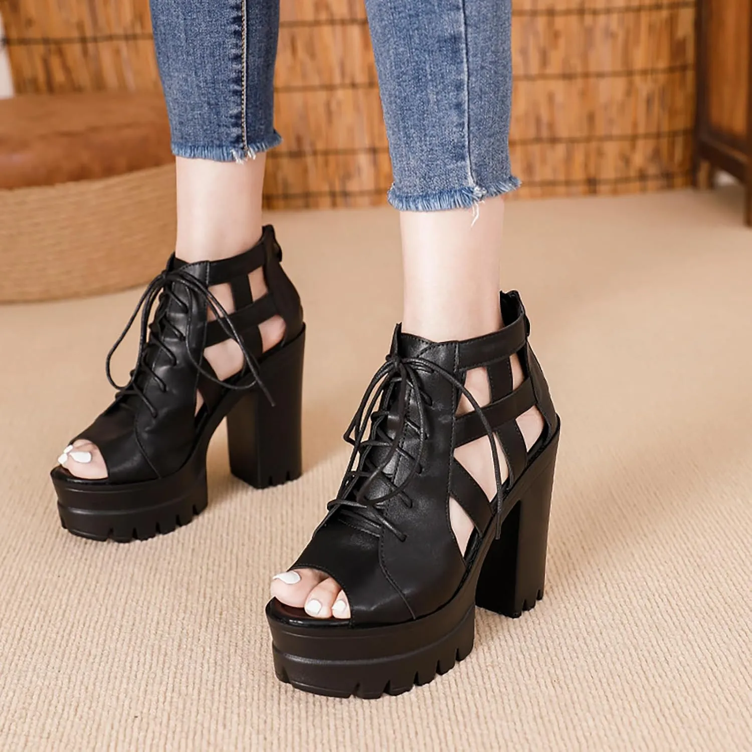 Women'S Fish Mouth chunky High Heel Rome Sandals fashion lace up platform High Heel Comfortable Adjustable Back Zipper dress sandals lug sole non slip cutout Goth Y2K Party Sandals