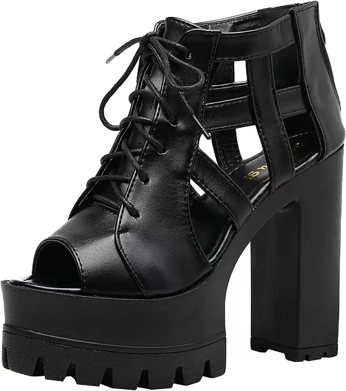 Women'S Fish Mouth chunky High Heel Rome Sandals fashion lace up platform High Heel Comfortable Adjustable Back Zipper dress sandals lug sole non slip cutout Goth Y2K Party Sandals