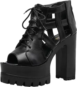 Women'S Fish Mouth chunky High Heel Rome Sandals fashion lace up platform High Heel Comfortable Adjustable Back Zipper dress sandals lug sole non slip cutout Goth Y2K Party Sandals