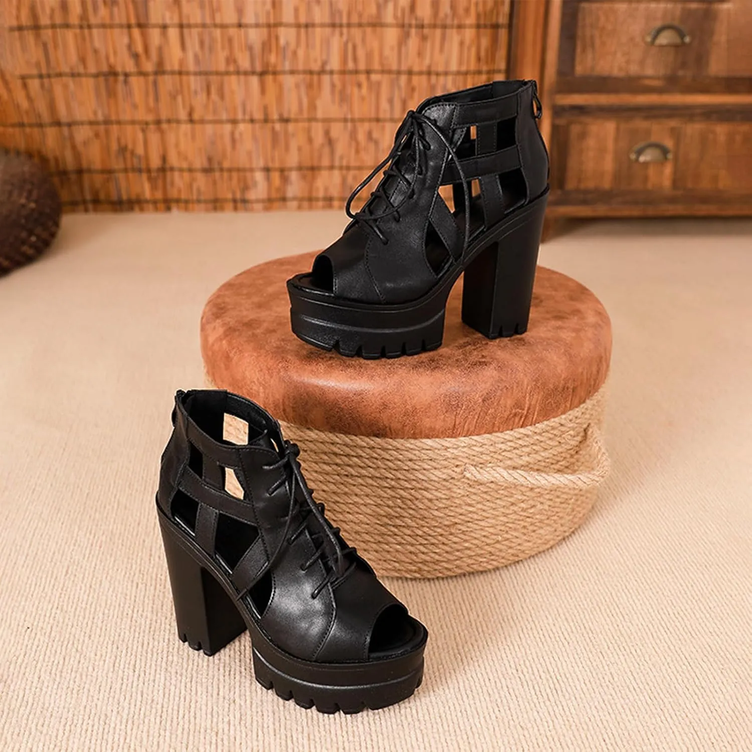 Women'S Fish Mouth chunky High Heel Rome Sandals fashion lace up platform High Heel Comfortable Adjustable Back Zipper dress sandals lug sole non slip cutout Goth Y2K Party Sandals