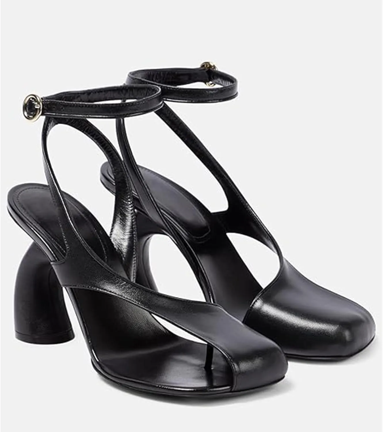 Women's Flip Flop High Heeled Sandals Square Toe Cutout Leather Dress Shoes Adjustable Strappy Pumps for Party