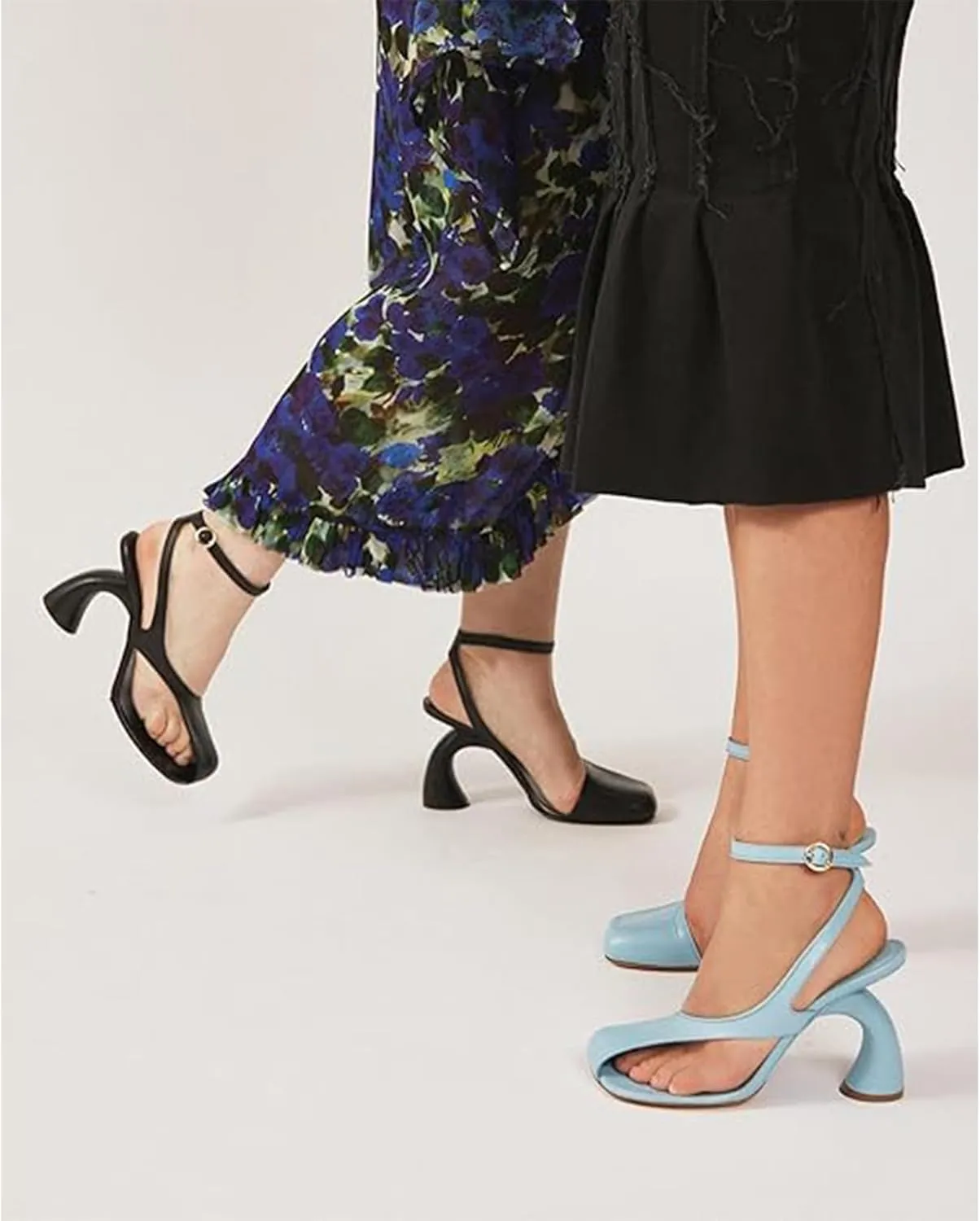 Women's Flip Flop High Heeled Sandals Square Toe Cutout Leather Dress Shoes Adjustable Strappy Pumps for Party
