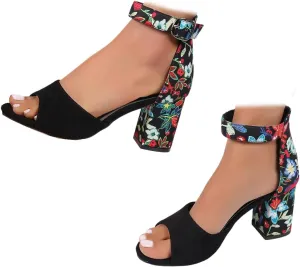 Women's Floral Print Open Toe Block High Heels Summer Party Weddings Womens Sandals