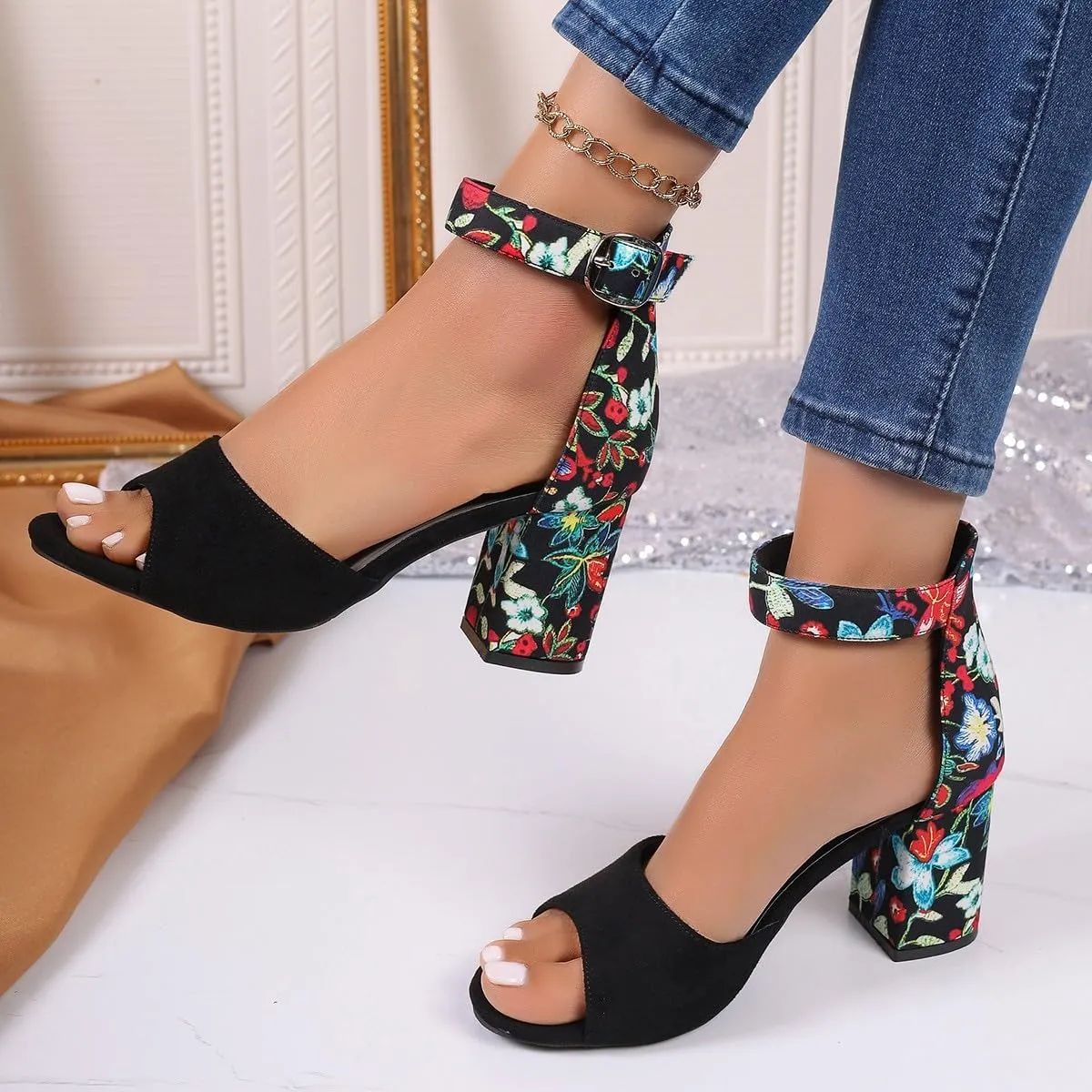 Women's Floral Print Open Toe Block High Heels Summer Party Weddings Womens Sandals