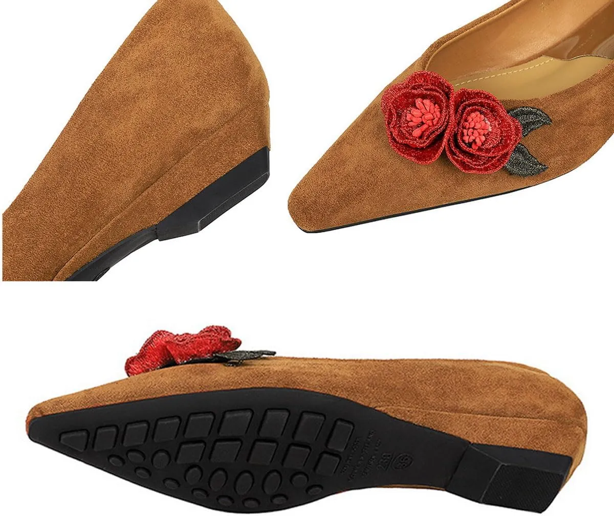 Women's Flower Pointed Toe Suede Flat Shoes Fashionable Faux Suede Flower Ballet Flat Comfortable Slip on Loafers Low Slope Heel Shoes