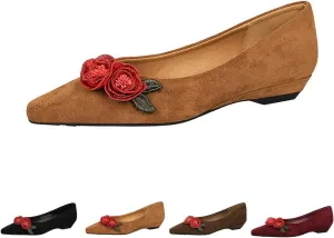 Women's Flower Pointed Toe Suede Flat Shoes Fashionable Faux Suede Flower Ballet Flat Comfortable Slip on Loafers Low Slope Heel Shoes