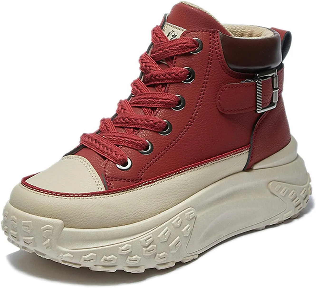 Women's Genuine Leather Lace-Up Platform Sneakers,Outdoor Non-Slip Comfortable High-Top Walking Casual Sneakers