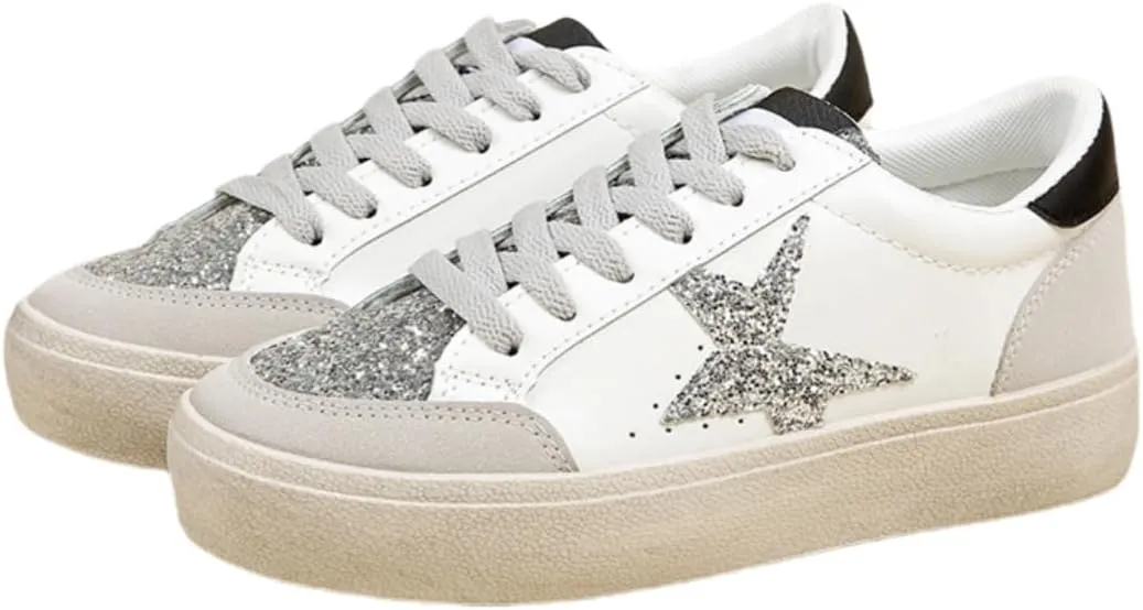 Women’s Glitter Star Lace Up Sneakers Outdoor Sparkly Shiny Sports Tennis Shoes