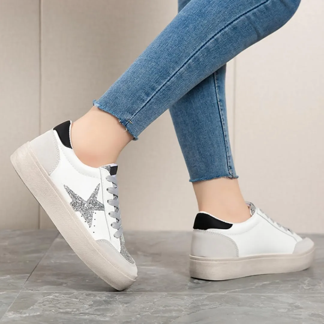 Women’s Glitter Star Lace Up Sneakers Outdoor Sparkly Shiny Sports Tennis Shoes