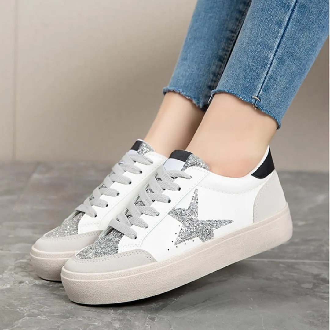 Women’s Glitter Star Lace Up Sneakers Outdoor Sparkly Shiny Sports Tennis Shoes