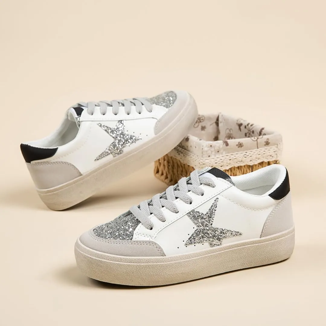Women’s Glitter Star Lace Up Sneakers Outdoor Sparkly Shiny Sports Tennis Shoes