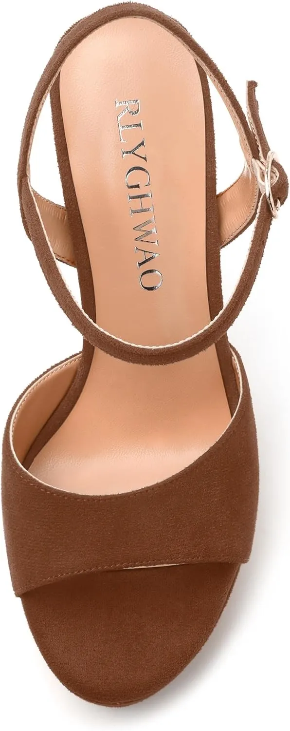 Women's Heeled Sandals, Buckle Ankle Strap Platform High Heels, Round Open Toe Fashion Suede Wedding Working Partying Shoes for Women