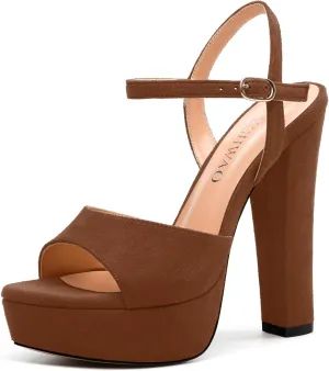 Women's Heeled Sandals, Buckle Ankle Strap Platform High Heels, Round Open Toe Fashion Suede Wedding Working Partying Shoes for Women