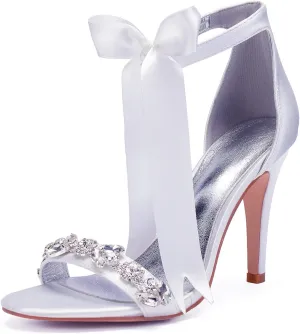 Women's High Heeled Shoes for Women 2025 Ribbon Tie Stiletto Sandals Heels Satin Open Toe Wedding Bridal Pumps for Party Prom