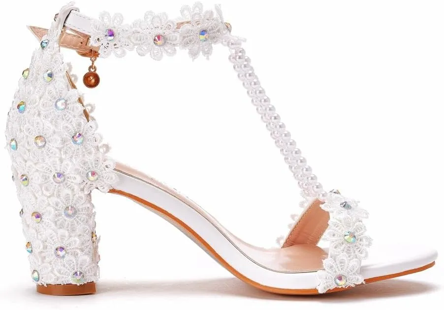 Women's Lace Heels Sandals Open Toe Strappy Block Wedding Shoe Beaded Square 3 Inch High Heels