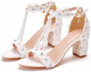 Women's Lace Heels Sandals Open Toe Strappy Block Wedding Shoe Beaded Square 3 Inch High Heels