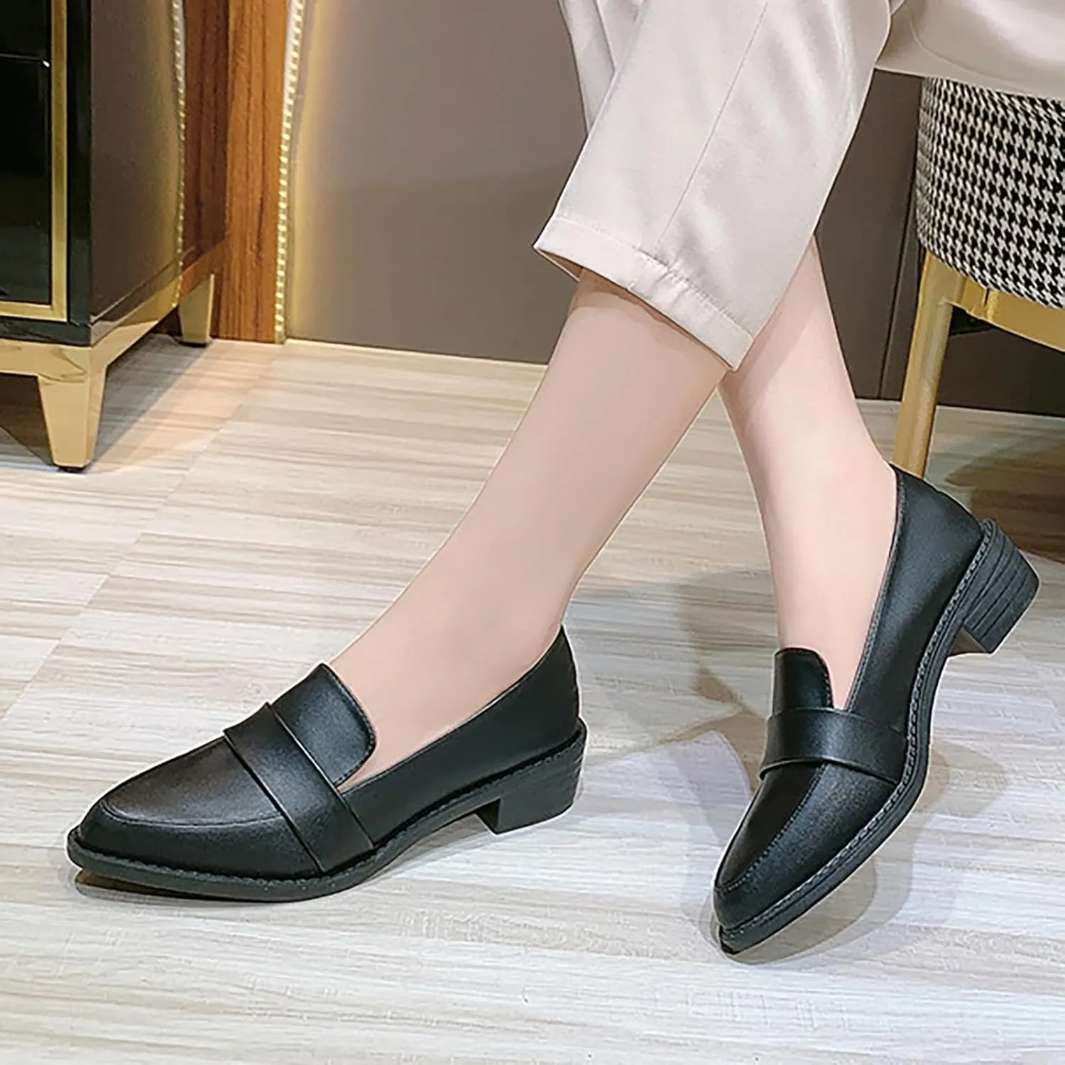 Women's Leather Pointed Toe Low Chunky Heel Dress Penny Loafers Fall Fashion Slip-On Comfortable Mid Block Heel Walking Pumps Business Office Work Shoes