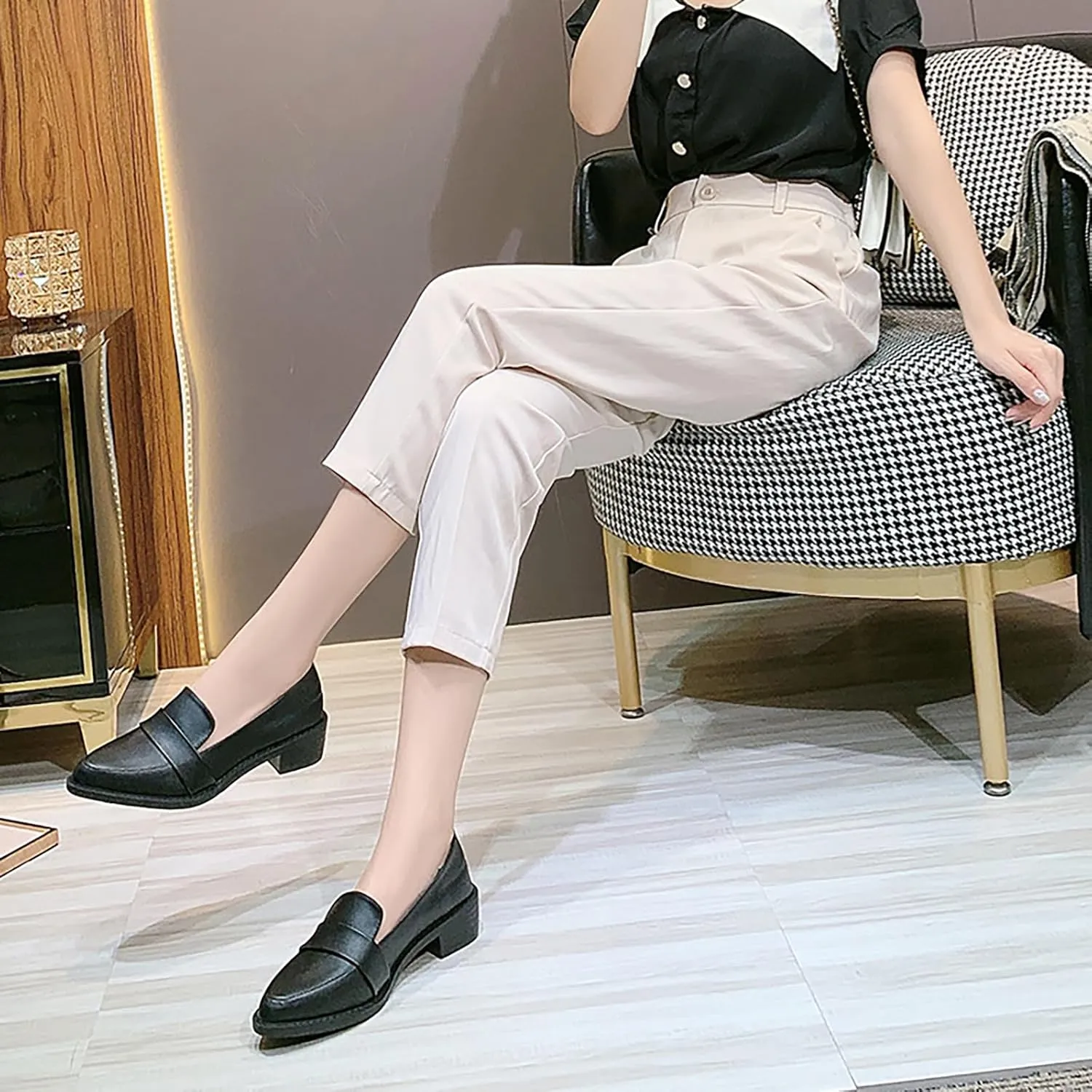 Women's Leather Pointed Toe Low Chunky Heel Dress Penny Loafers Fall Fashion Slip-On Comfortable Mid Block Heel Walking Pumps Business Office Work Shoes