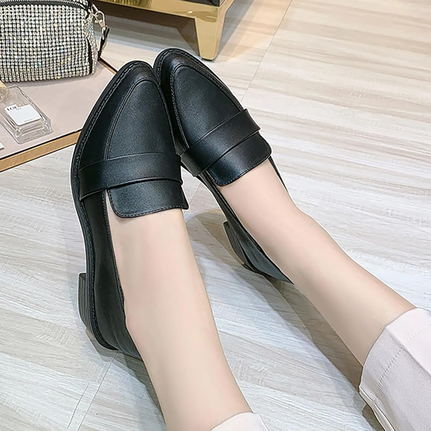 Women's Leather Pointed Toe Low Chunky Heel Dress Penny Loafers Fall Fashion Slip-On Comfortable Mid Block Heel Walking Pumps Business Office Work Shoes