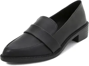 Women's Leather Pointed Toe Low Chunky Heel Dress Penny Loafers Fall Fashion Slip-On Comfortable Mid Block Heel Walking Pumps Business Office Work Shoes