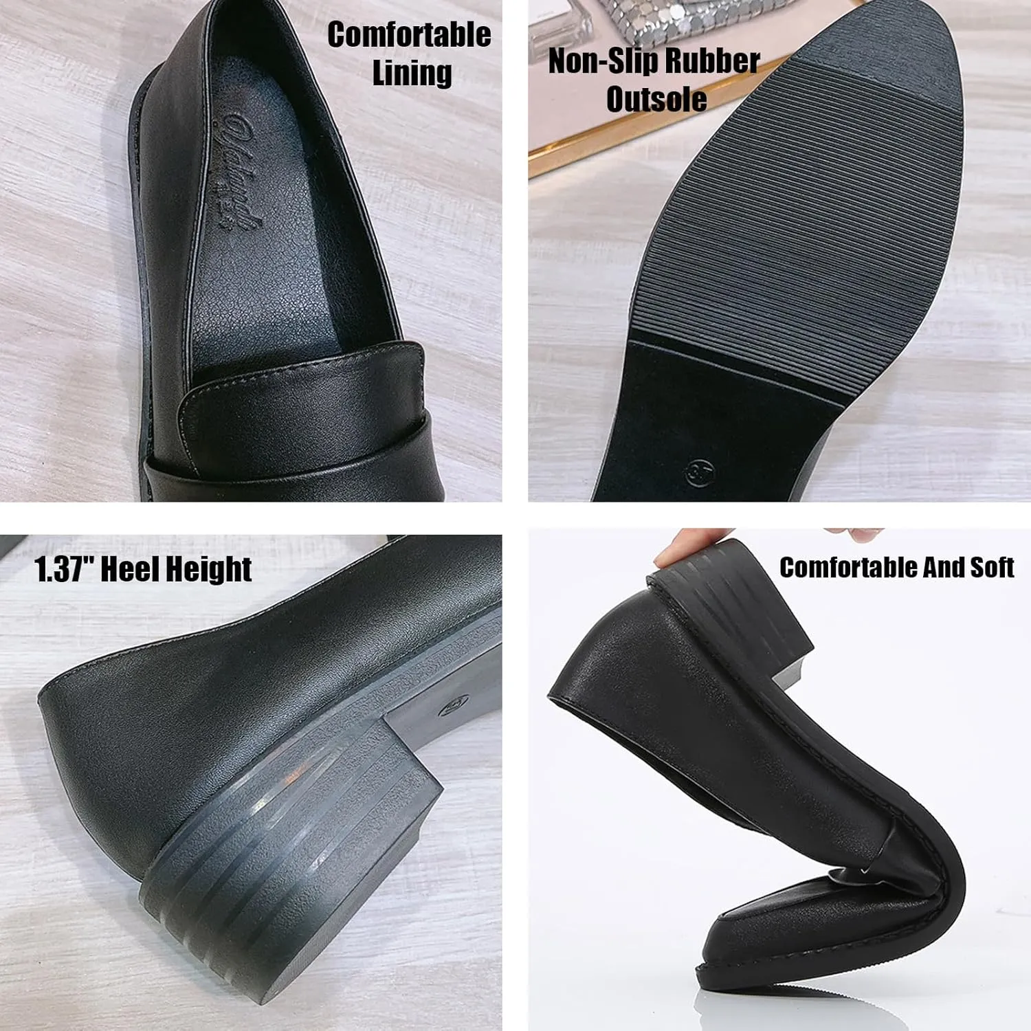 Women's Leather Pointed Toe Low Chunky Heel Dress Penny Loafers Fall Fashion Slip-On Comfortable Mid Block Heel Walking Pumps Business Office Work Shoes