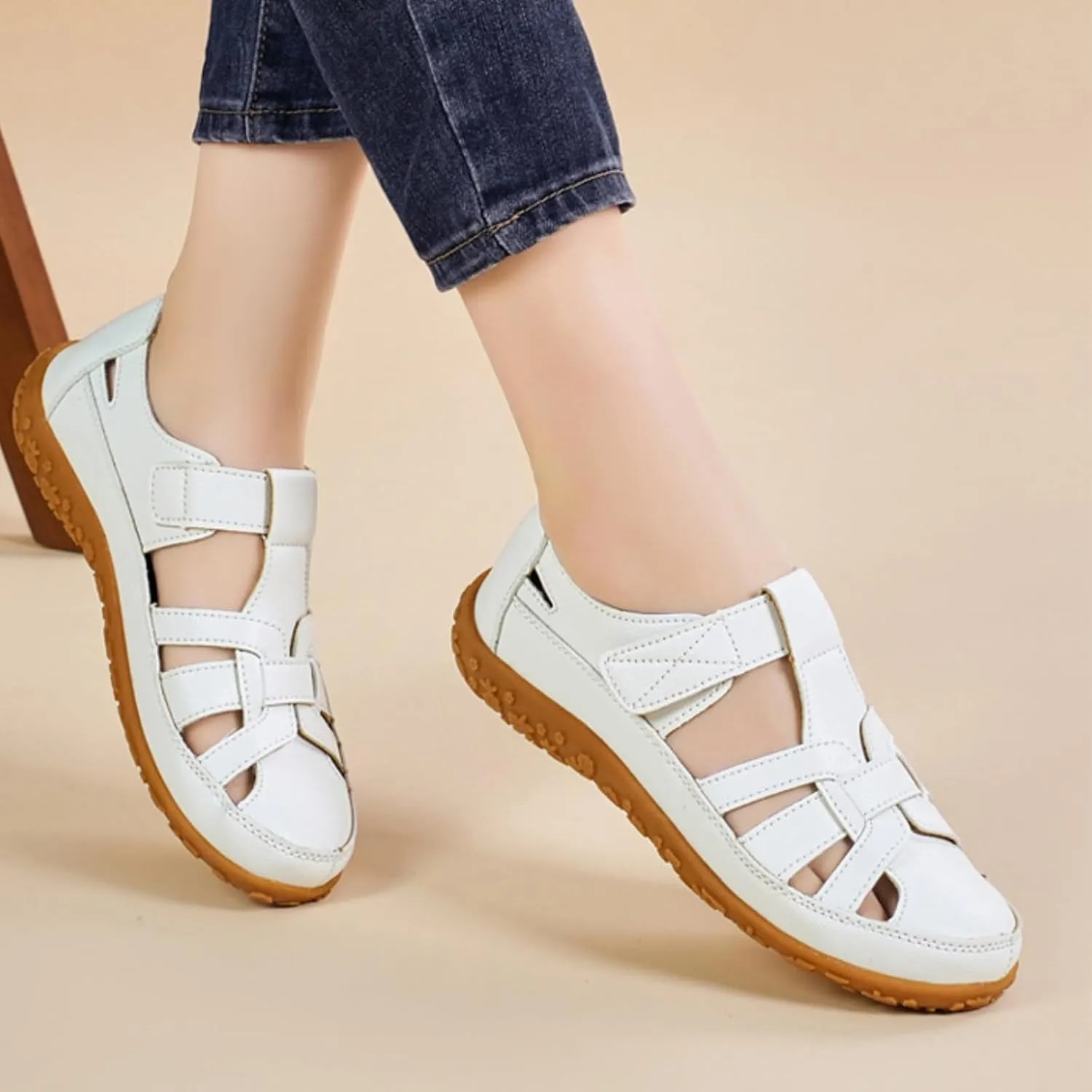 Womens Leather Sandals Woven Closed Toe Loafer Cutout Hook and Loop Soft Sole Slip On Sandals, Casual Comfy Orthopedic Sandal Comfortable Boho Roman Sandal Breathable Outdoor Walking Shoes