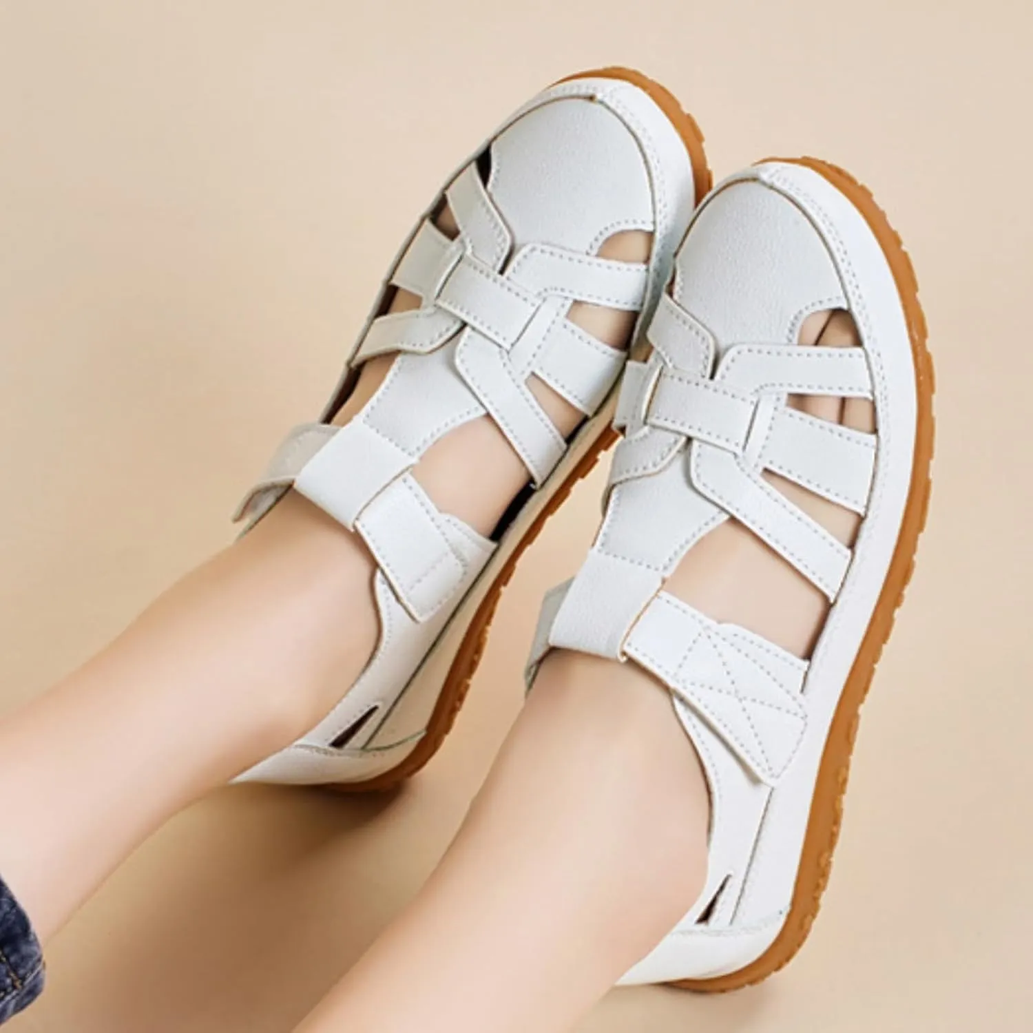 Womens Leather Sandals Woven Closed Toe Loafer Cutout Hook and Loop Soft Sole Slip On Sandals, Casual Comfy Orthopedic Sandal Comfortable Boho Roman Sandal Breathable Outdoor Walking Shoes