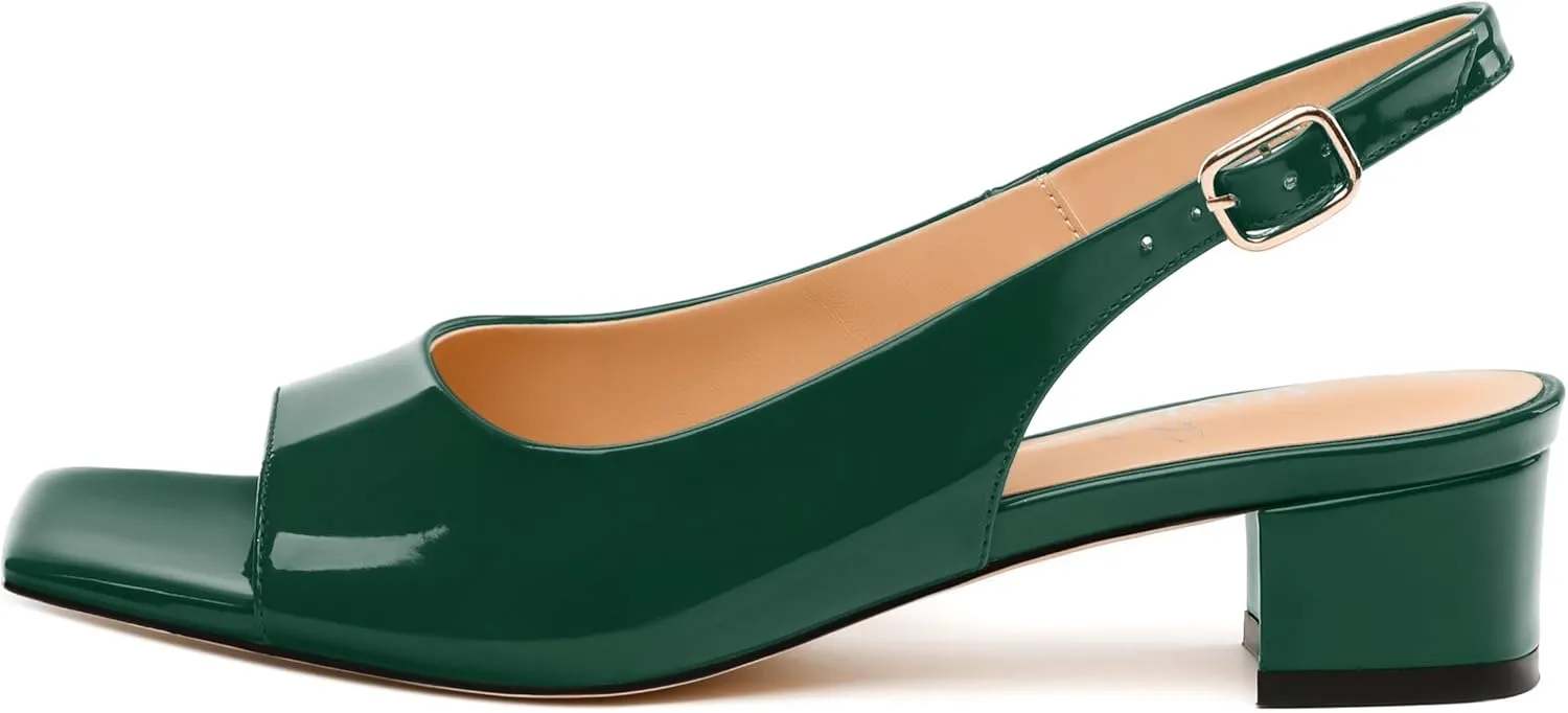 Womens Low Heel Slingbacks, Square Peep Toe Block Heel Sandals for Women, Comfort Heeled Casual Shoes