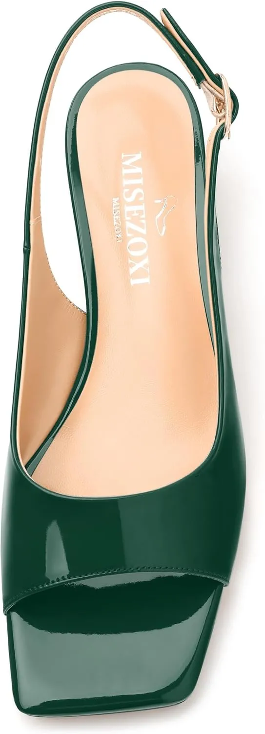 Womens Low Heel Slingbacks, Square Peep Toe Block Heel Sandals for Women, Comfort Heeled Casual Shoes