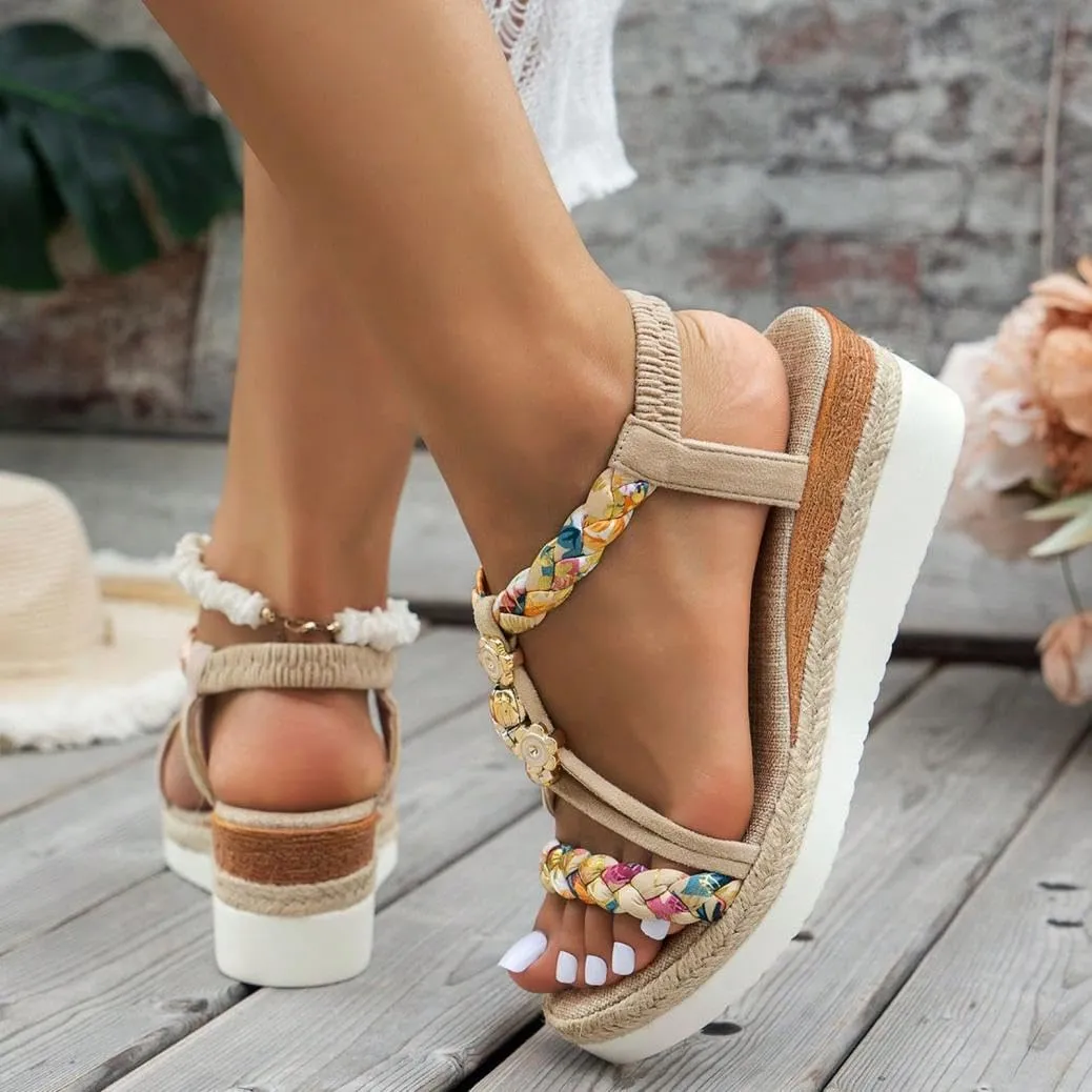 Womens Low Wedge Heels Sandals Shoes,Wide Width Platform Wedge Sandals for Women Summer Dressy,Comfort Walking Non Slip Casual Summer Beach Sandals Ankle Elastic Bohemian Woven Sandals